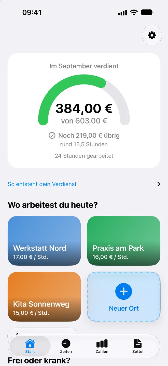 Der Verdienst-Tacho zeigt 384 Euro von 603 Euro, darunter die Einsatzorte als farbige Kacheln.