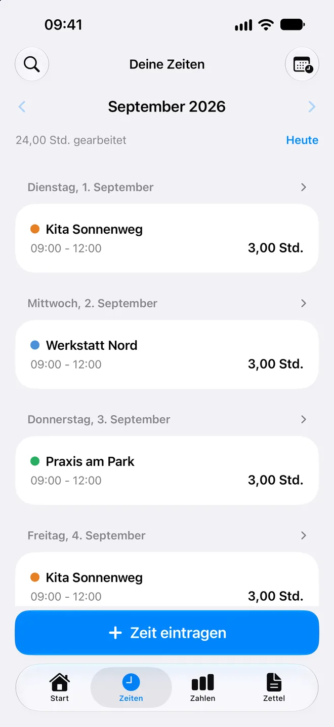Die Liste „Deine Zeiten“ im September - daraus entsteht der Stundenzettel.
