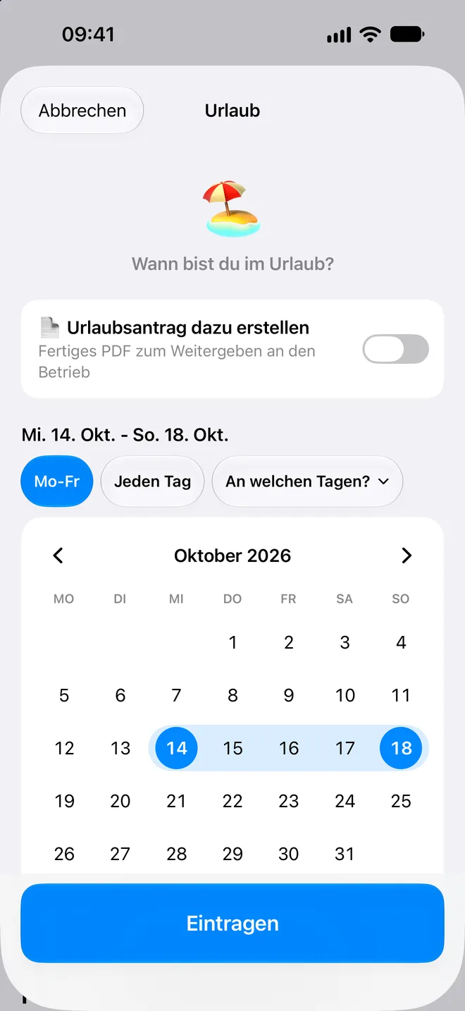 Urlaub als Zeitraum im Kalender eintragen.