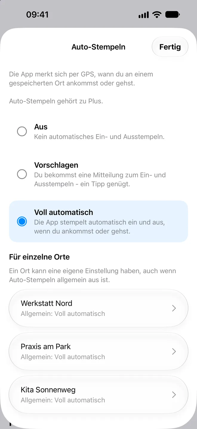 Auto-Stempeln per GPS mit drei Modi.