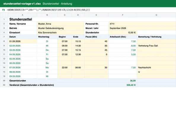 Vorschau: Excel-Tabelle mit Beginn, Ende, Pause und automatisch berechneter Arbeitszeit.